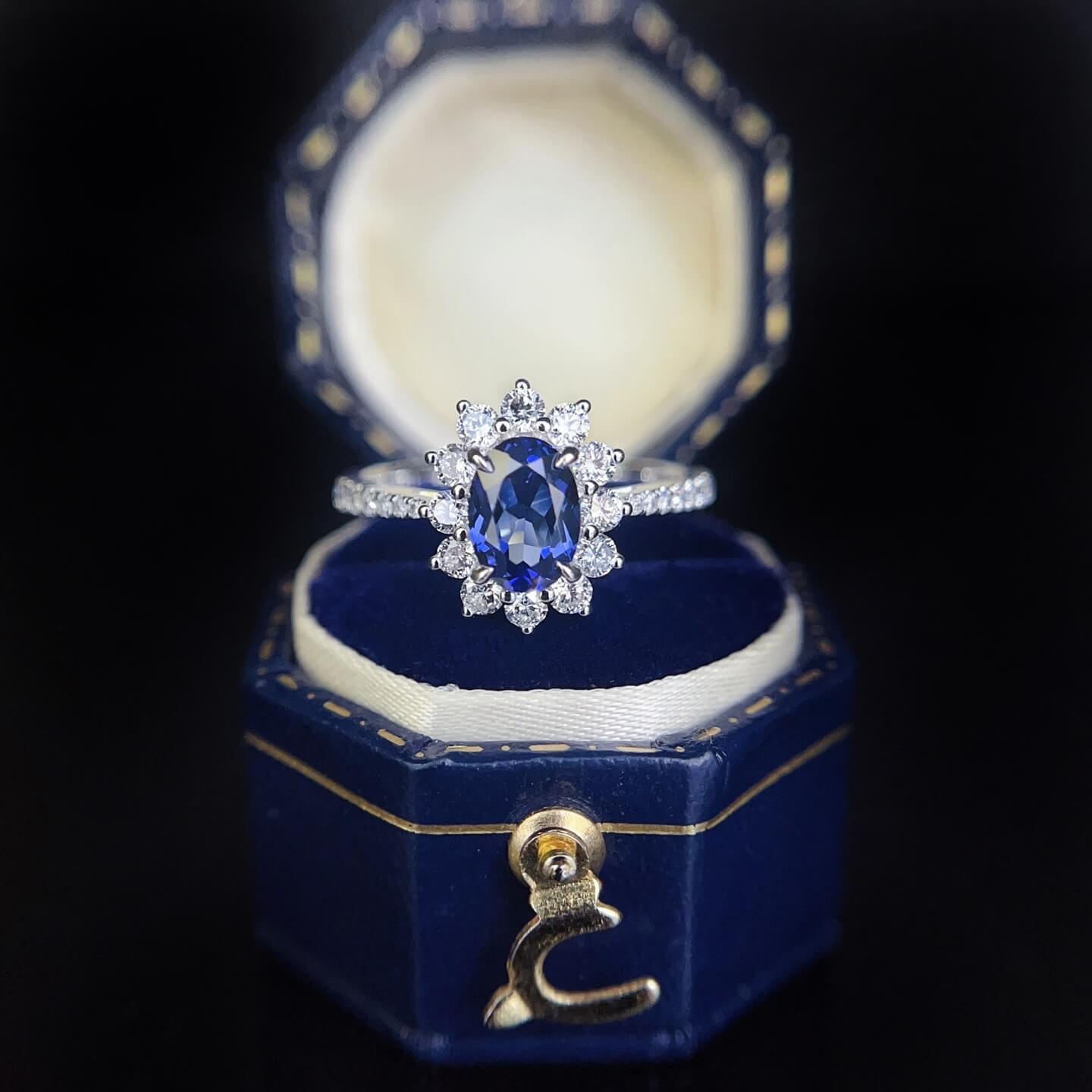 Halo setting oval cut lab grown sapphire engagement ring 04