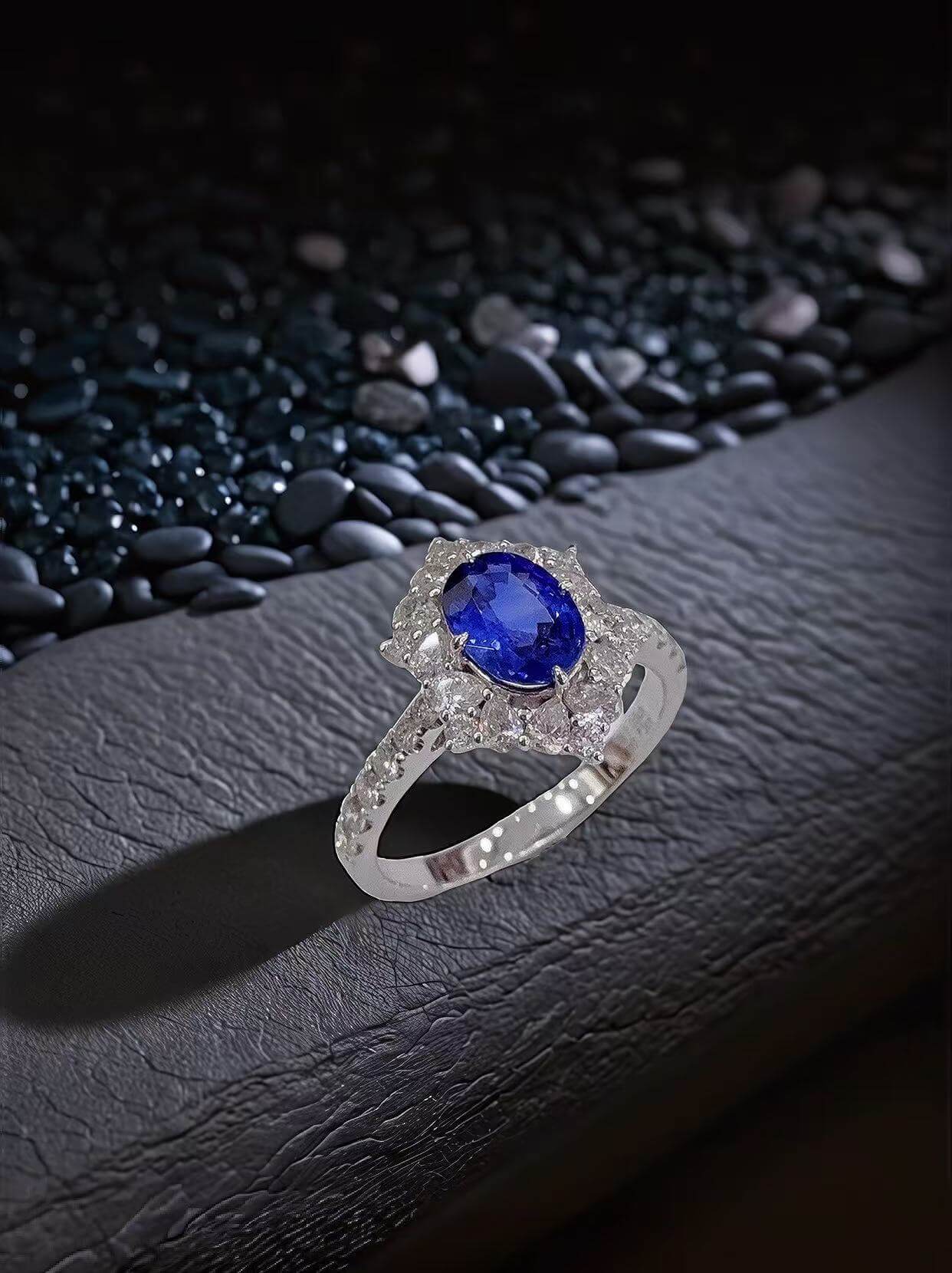 Halo setting oval cut lab grown sapphire engagement ring 02