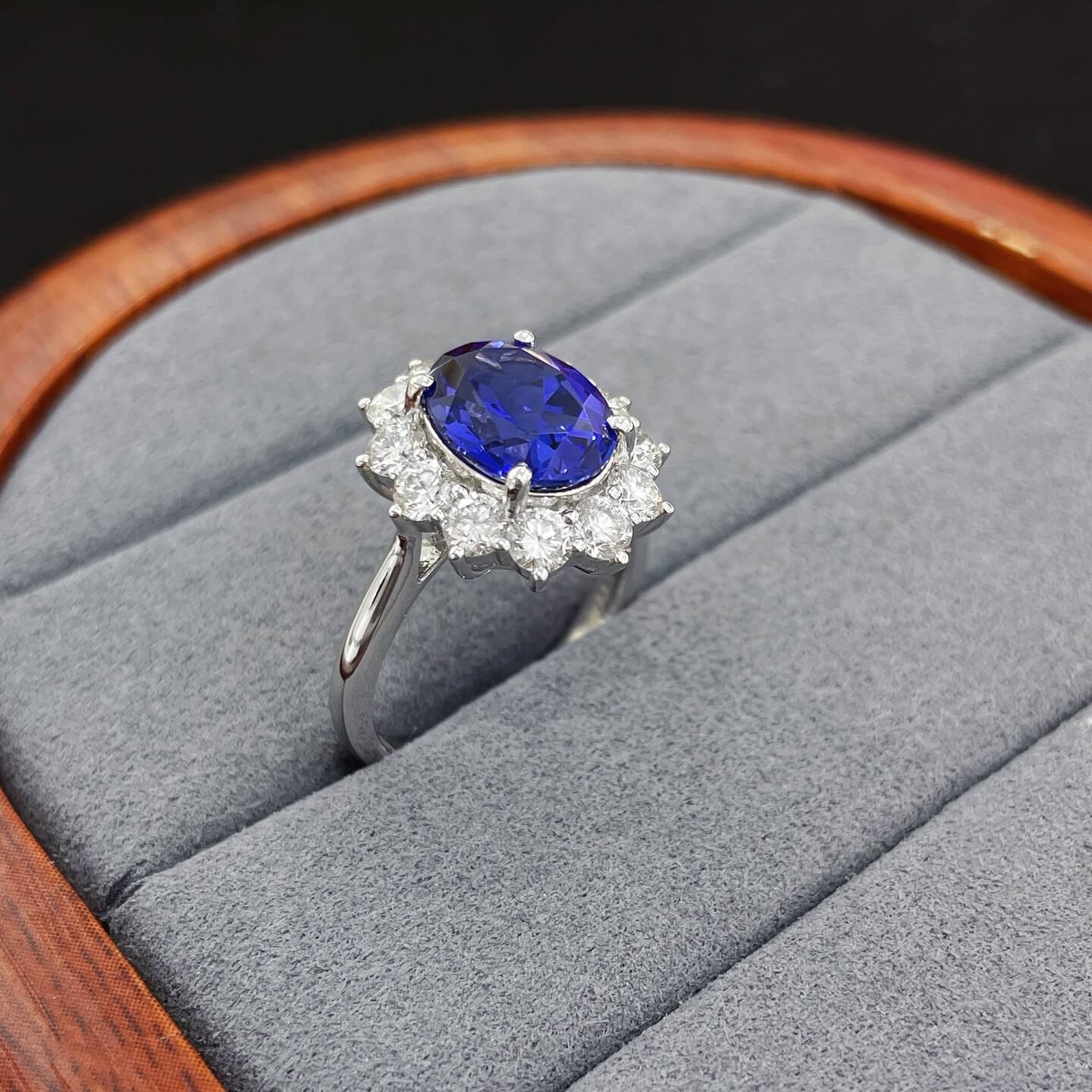 Halo setting oval cut lab grown sapphire engagement ring 05