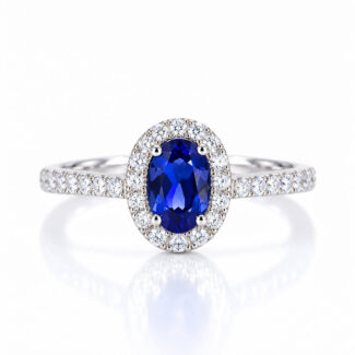 Halo setting oval cut lab grown sapphire engagement ring 01