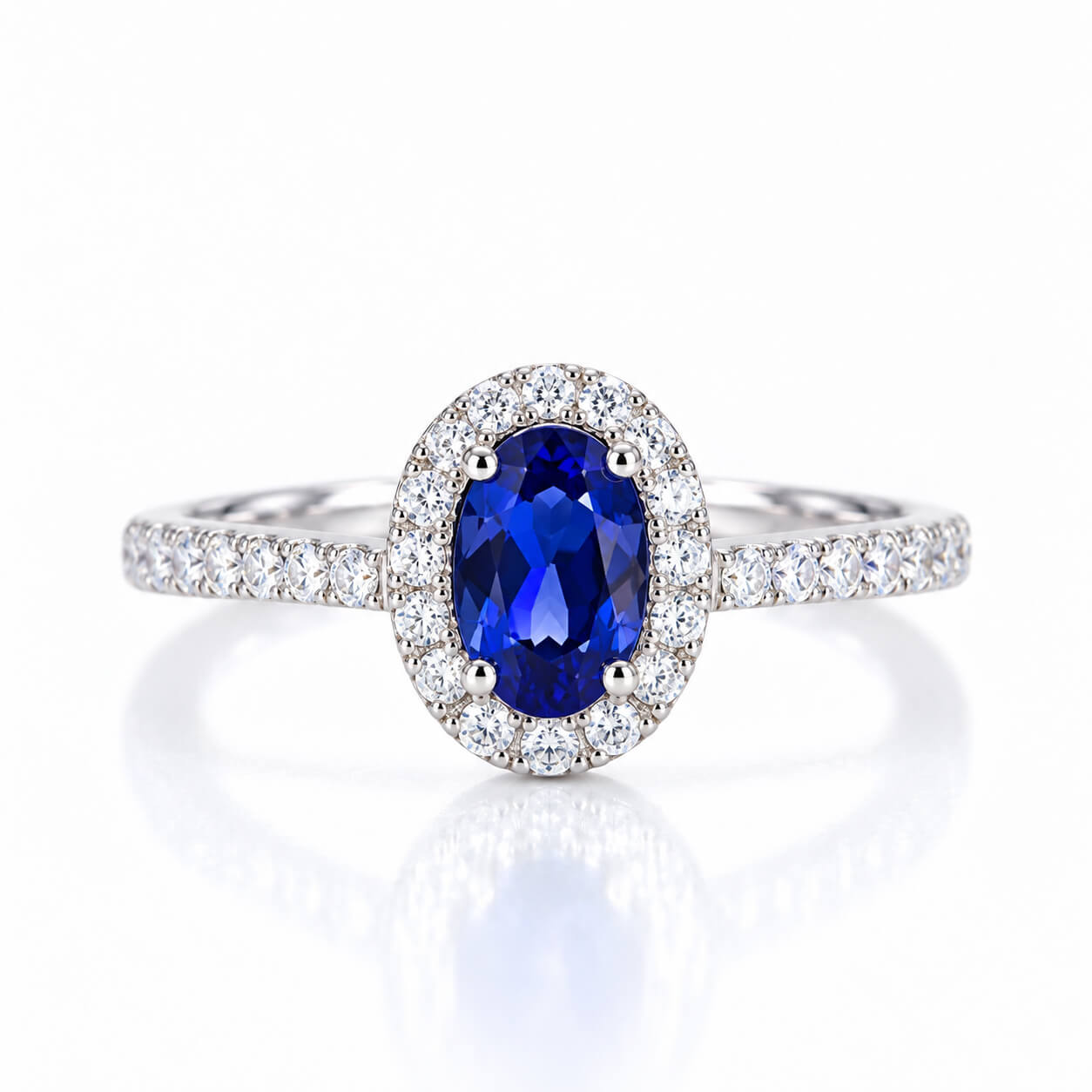 Halo setting oval cut lab grown sapphire engagement ring 01