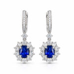 Halo setting oval cut lab grown sapphire hoop earrings