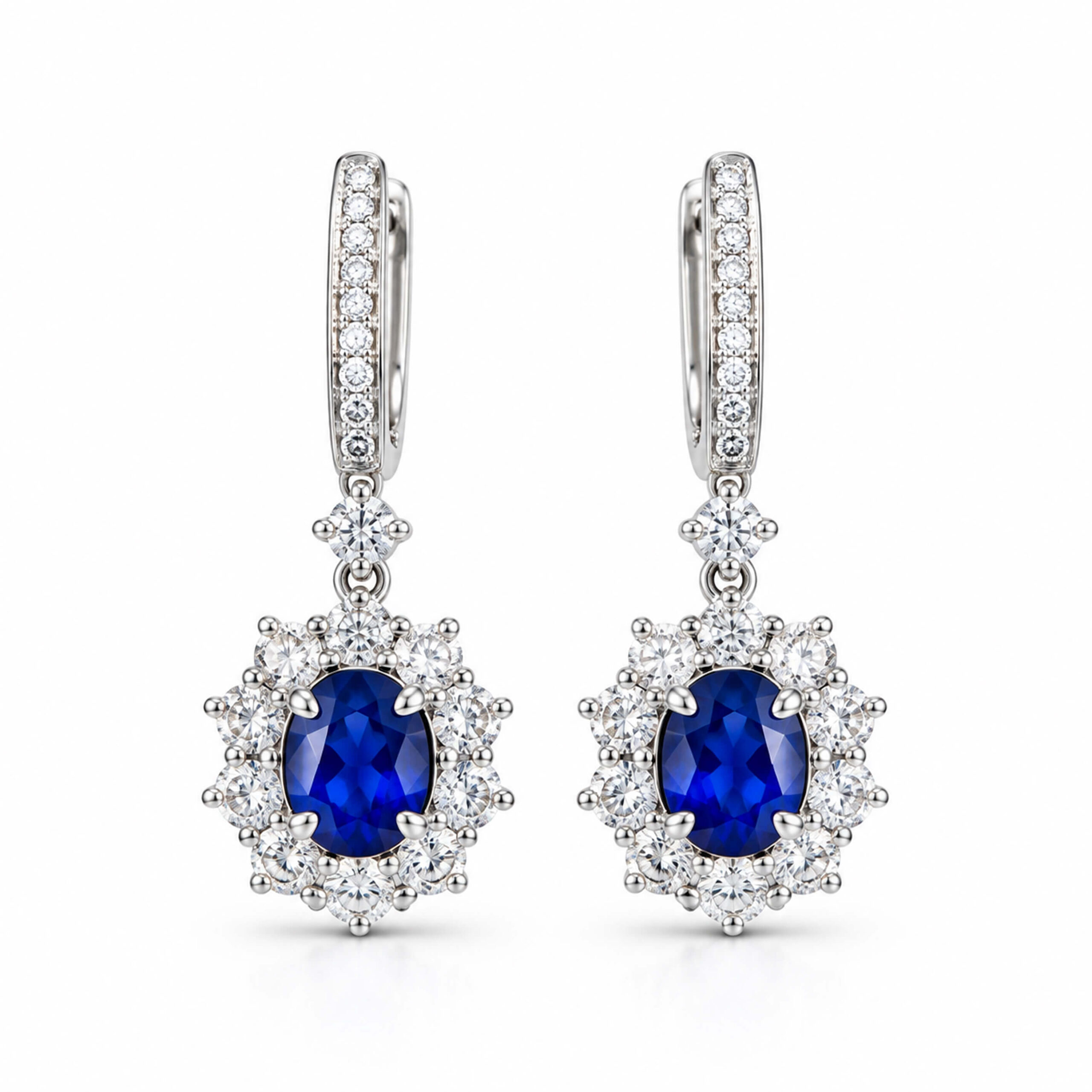 Halo setting oval cut lab grown sapphire hoop earrings