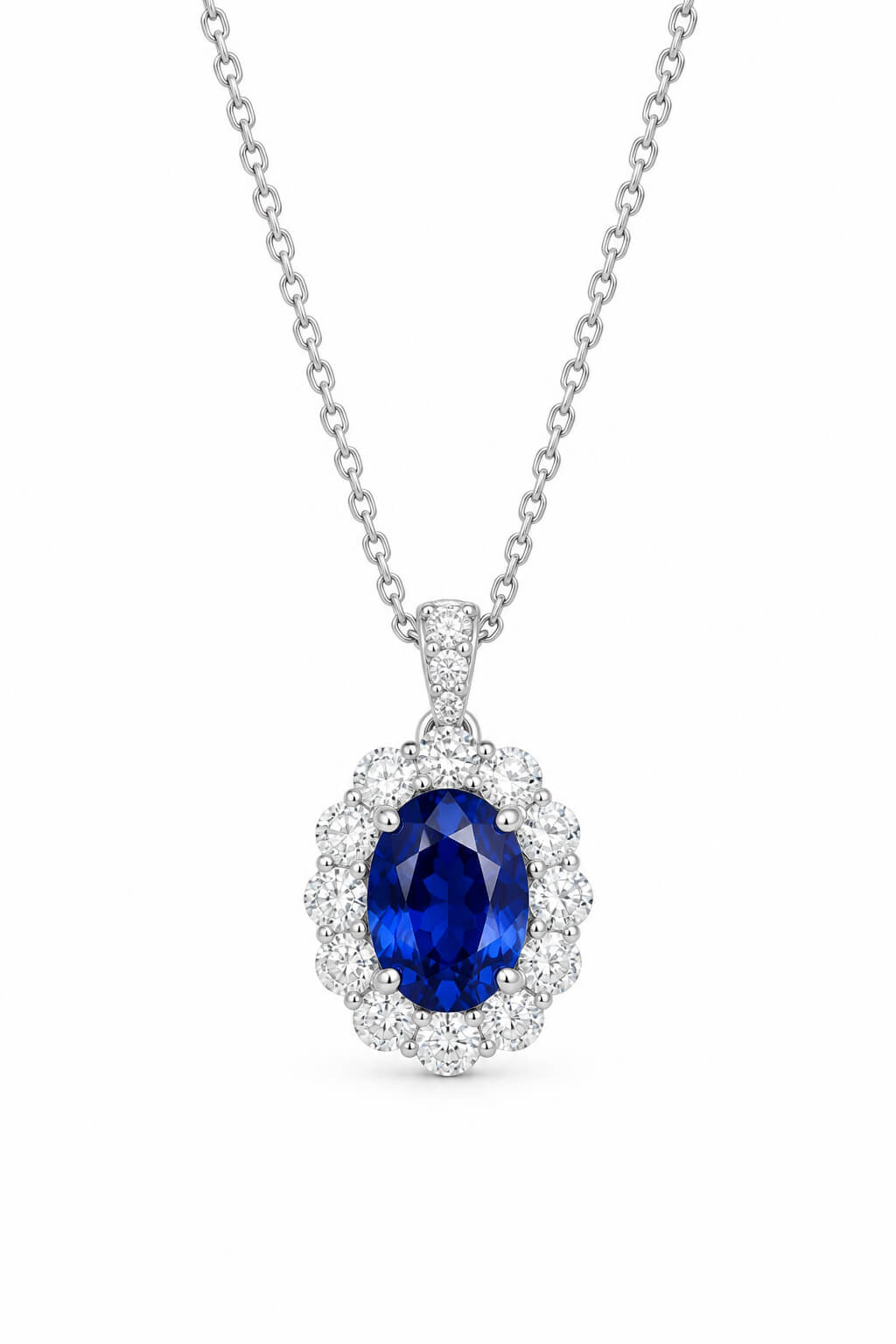 Halo setting oval cut lab grown sapphire pendant necklace 02 Halo setting oval cut lab grown sapphire pendant necklace 02