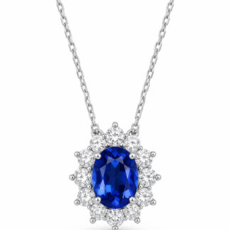 Halo setting oval cut lab grown sapphire pendant necklace 04