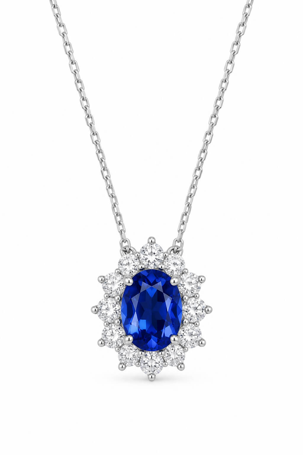 Halo setting oval cut lab grown sapphire pendant necklace 04 Halo setting oval cut lab grown sapphire pendant necklace 04
