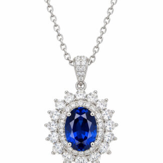 Halo setting oval cut lab grown sapphire pendant necklace 05