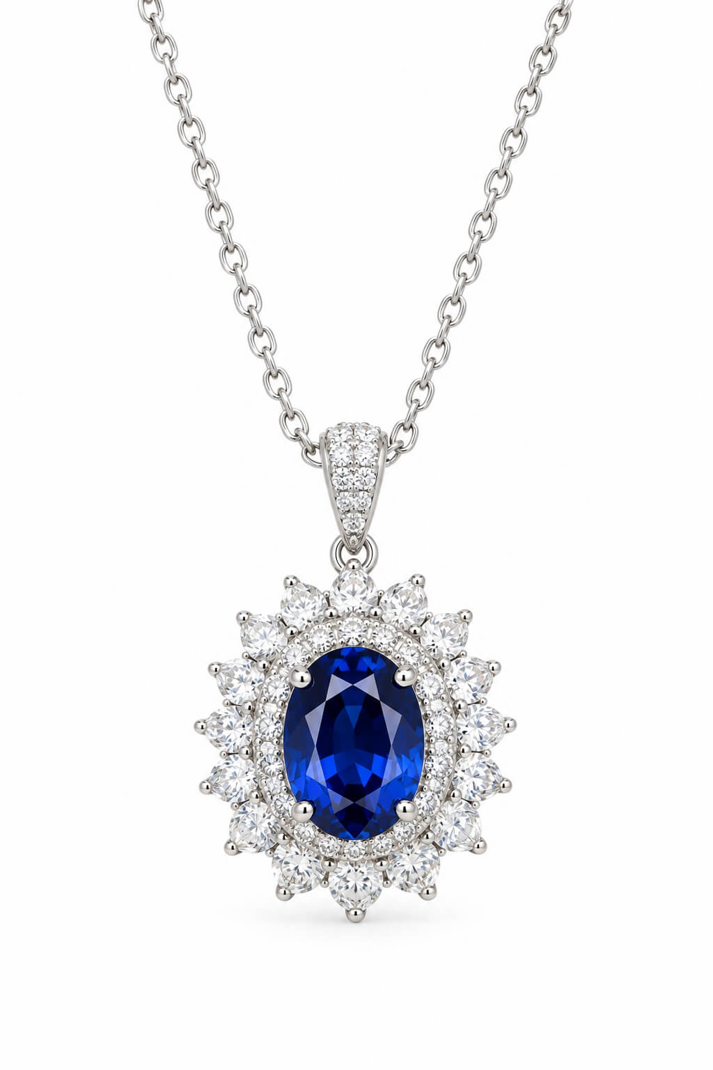 Halo setting oval cut lab grown sapphire pendant necklace 05 Halo setting oval cut lab grown sapphire pendant necklace 05