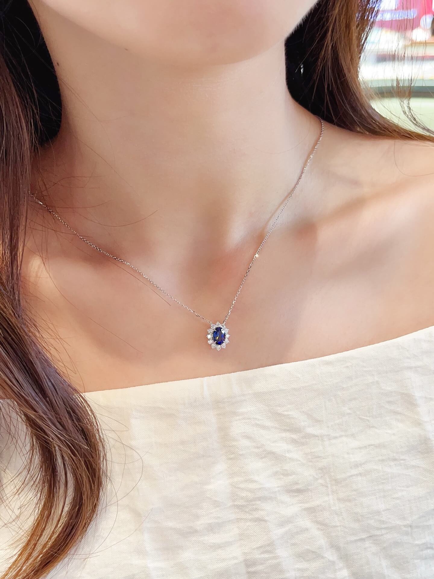 Halo setting oval cut lab grown sapphire pendant necklace 04 Halo setting oval cut lab grown sapphire pendant necklace 04