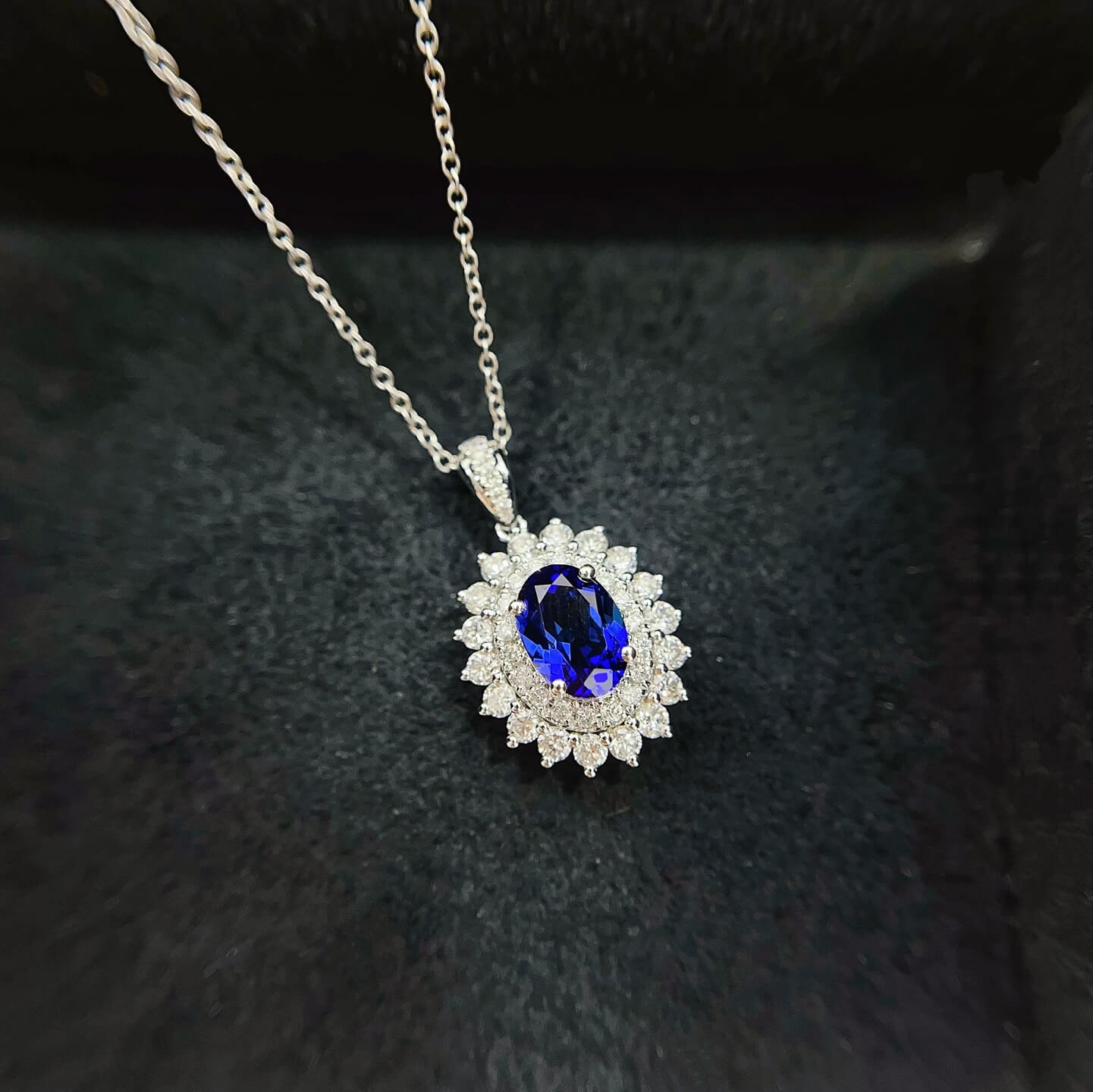 Halo setting oval cut lab grown sapphire pendant necklace 05 Halo setting oval cut lab grown sapphire pendant necklace 05