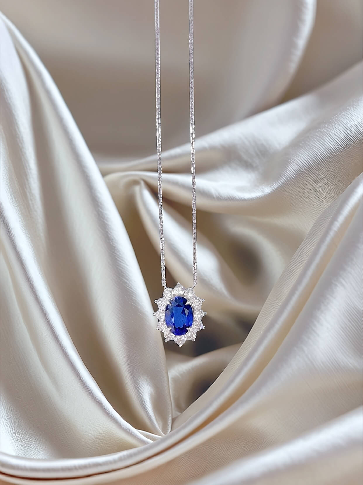 Halo setting oval cut lab grown sapphire pendant necklace 04 Halo setting oval cut lab grown sapphire pendant necklace 04