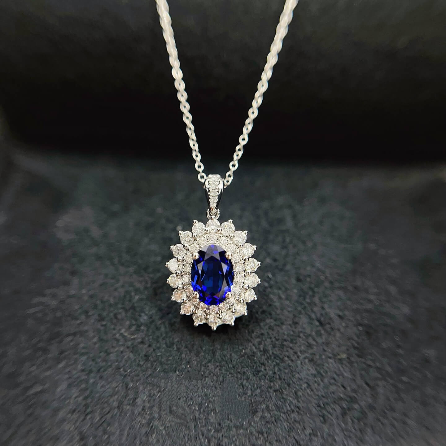 Halo setting oval cut lab grown sapphire pendant necklace 05 Halo setting oval cut lab grown sapphire pendant necklace 05