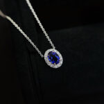 Halo setting oval cut lab grown sapphire pendant necklace 01