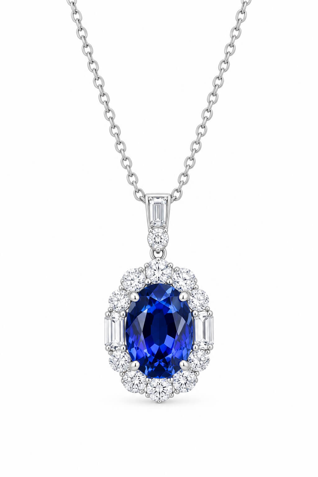 Halo setting oval cut lab grown sapphire pendant necklace 03 Halo setting oval cut lab grown sapphire pendant necklace 03