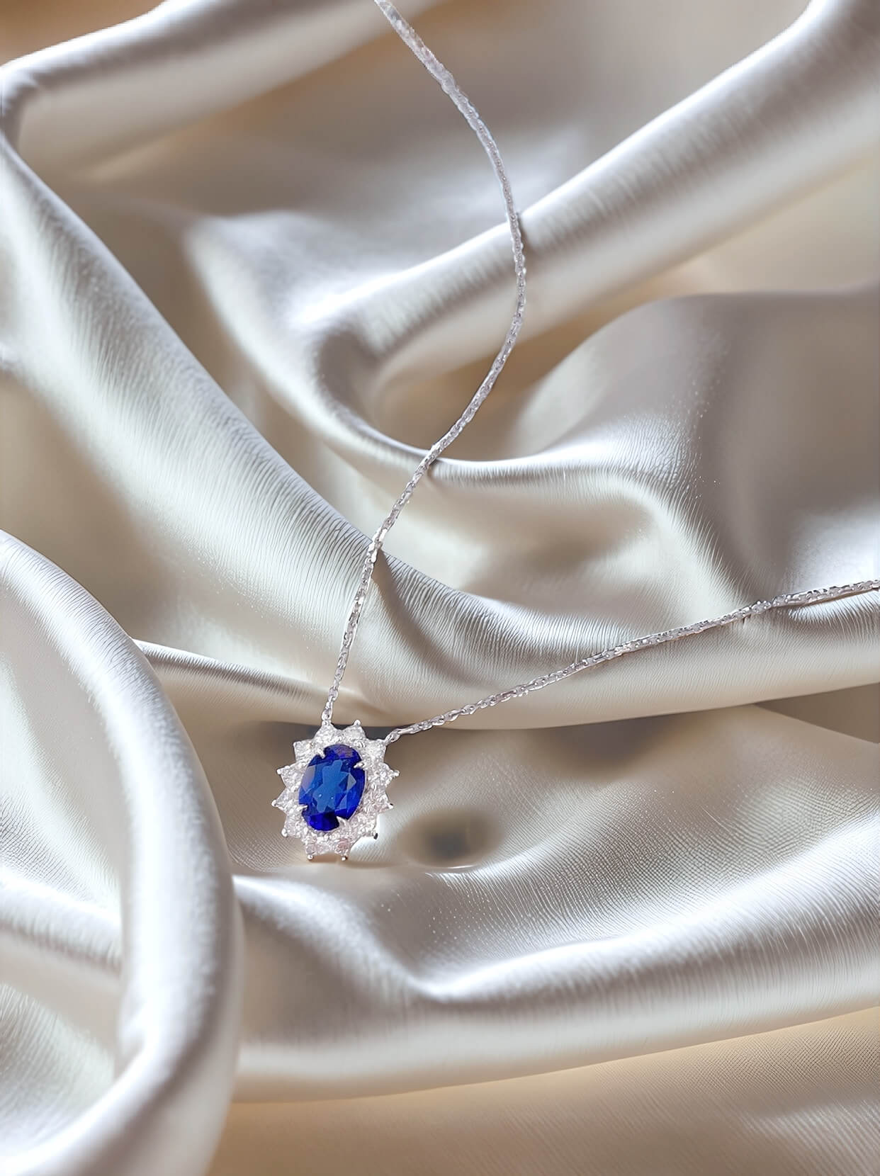 Halo setting oval cut lab grown sapphire pendant necklace 04 Halo setting oval cut lab grown sapphire pendant necklace 04