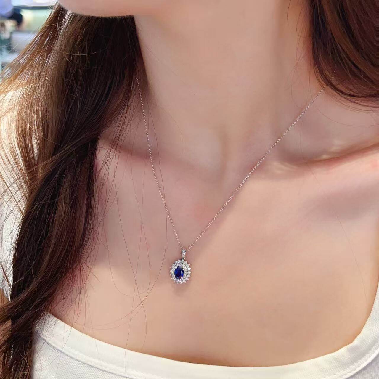 Halo setting oval cut lab grown sapphire pendant necklace 05 Halo setting oval cut lab grown sapphire pendant necklace 05