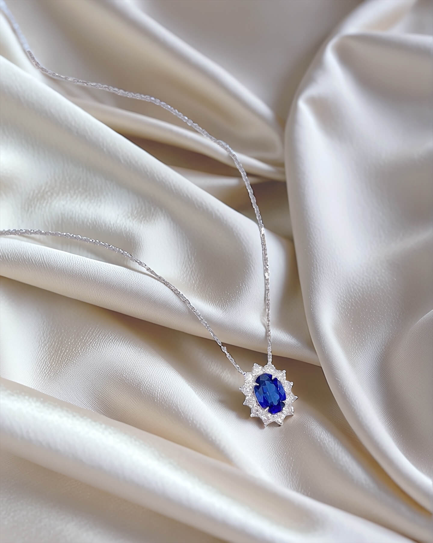 Halo setting oval cut lab grown sapphire pendant necklace 04 Halo setting oval cut lab grown sapphire pendant necklace 04