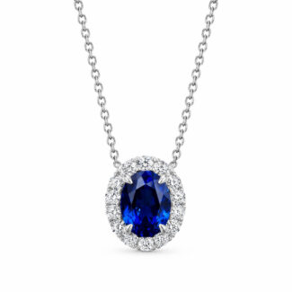 Halo setting oval cut lab grown sapphire pendant necklace 01