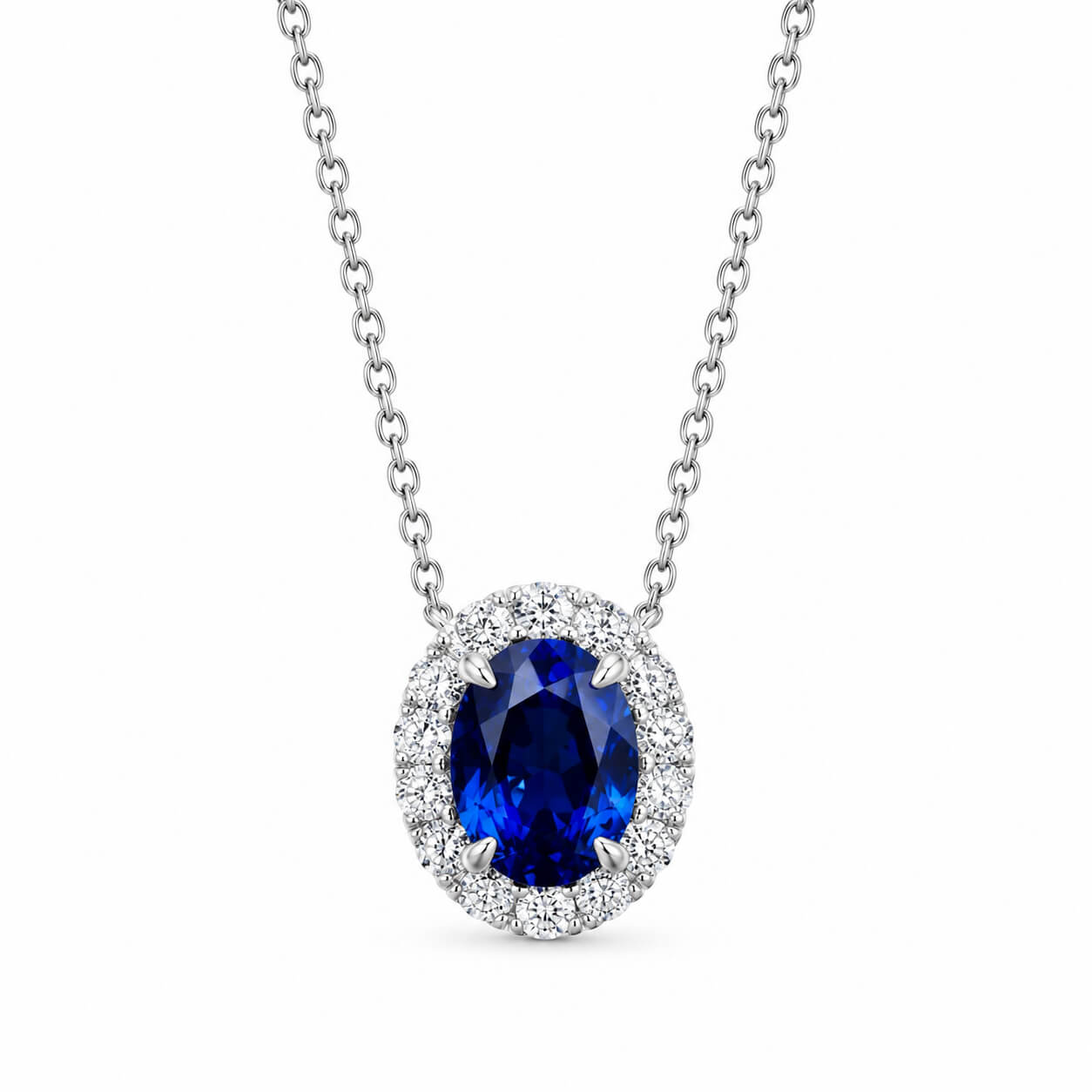Halo setting oval cut lab grown sapphire pendant necklace 01
