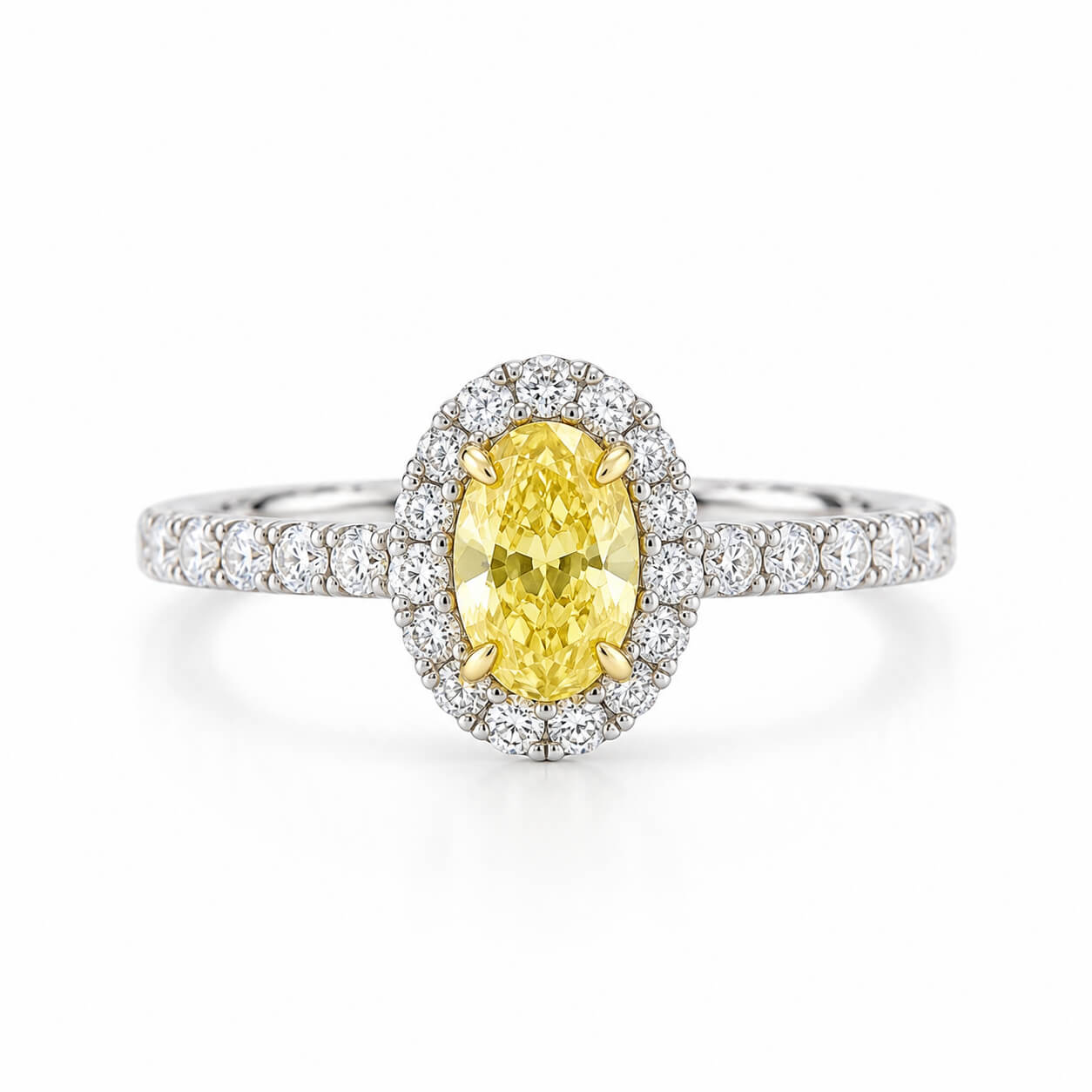 Halo setting oval cut lab grown yellow diamond engagement ring