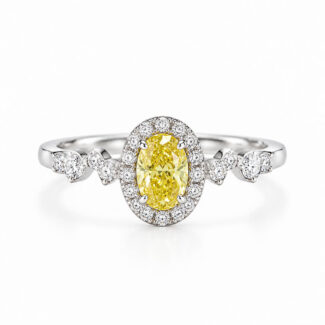 Halo setting oval cut lab grown yellow diamond engagement ring
