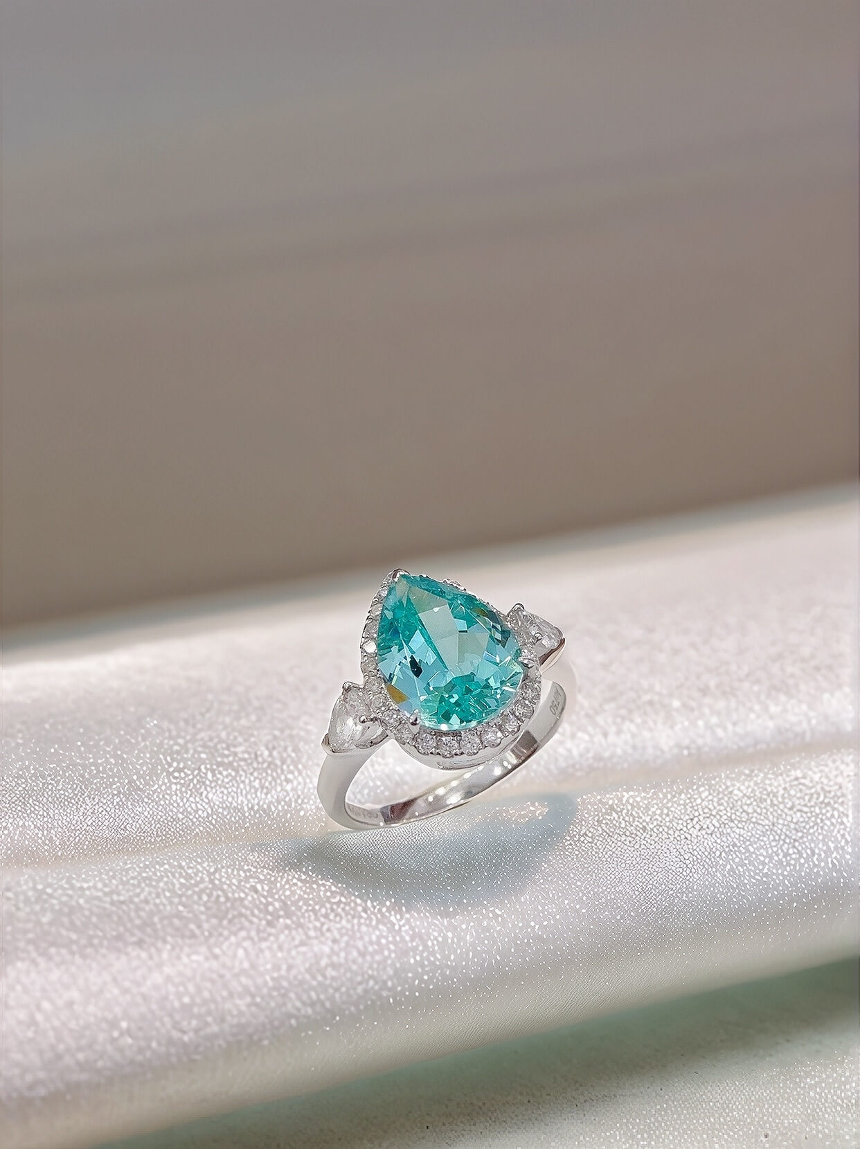 Halo setting pear cut lab grown Paraiba engagement ring 02 Halo setting pear cut lab grown Paraiba engagement ring 02