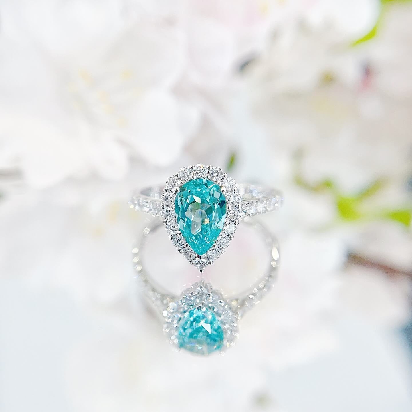 Halo setting pear cut lab grown Paraiba engagement ring 03 Halo setting pear cut lab grown Paraiba engagement ring 03
