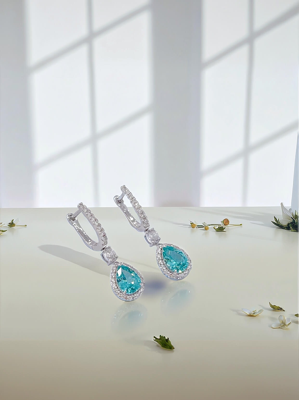 Halo setting pear cut lab grown Paraiba hoop earrings Halo setting pear cut lab grown Paraiba hoop earrings