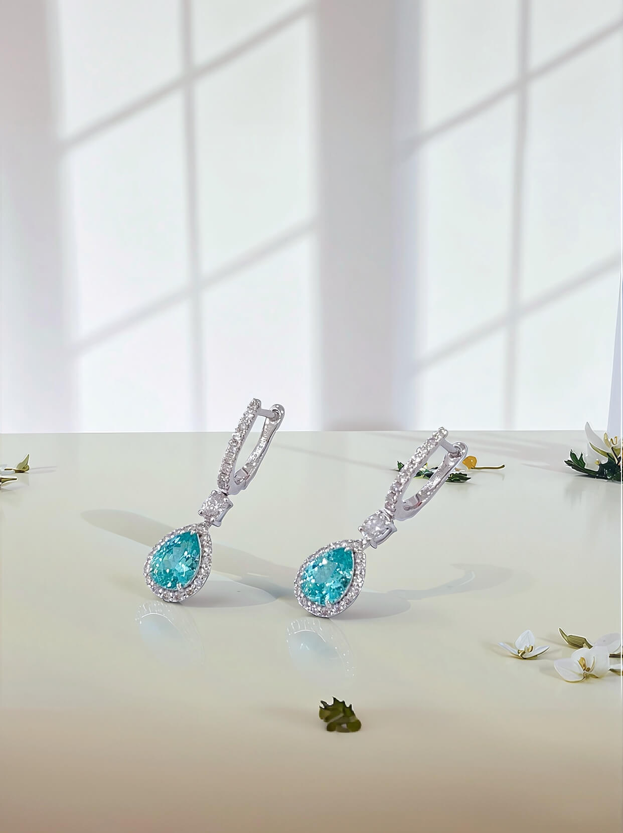 Halo setting pear cut lab grown Paraiba hoop earrings Halo setting pear cut lab grown Paraiba hoop earrings