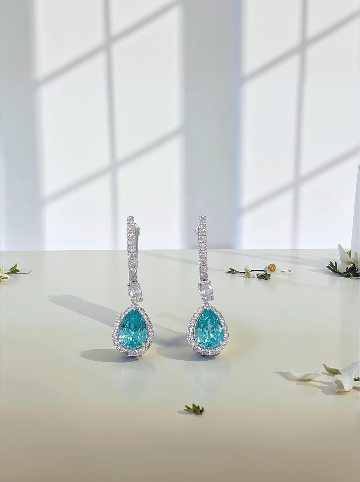 Halo setting pear cut lab grown Paraiba hoop earrings Halo setting pear cut lab grown Paraiba hoop earrings