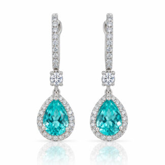 Halo setting pear cut lab grown Paraiba hoop earrings