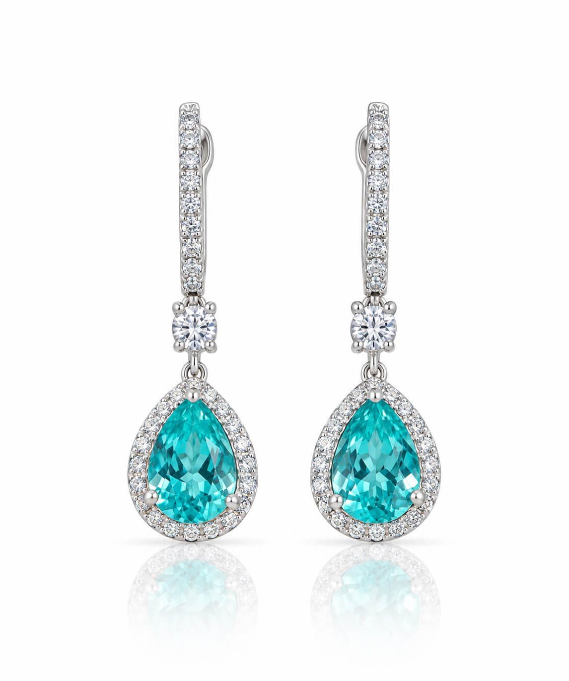 Halo setting pear cut lab grown Paraiba hoop earrings Halo setting pear cut lab grown Paraiba hoop earrings