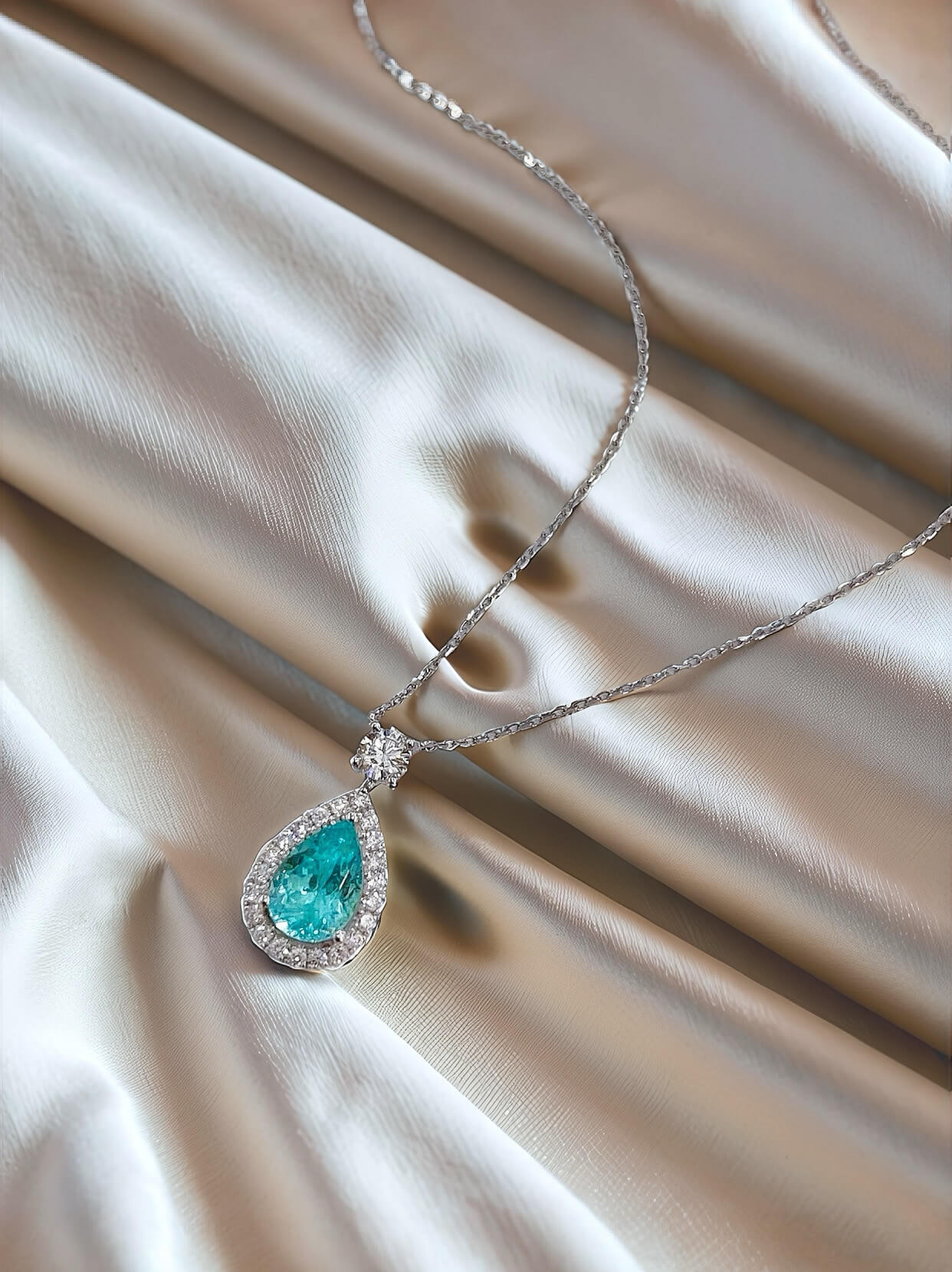 Halo setting pear cut lab grown paraiba pendant necklace 02