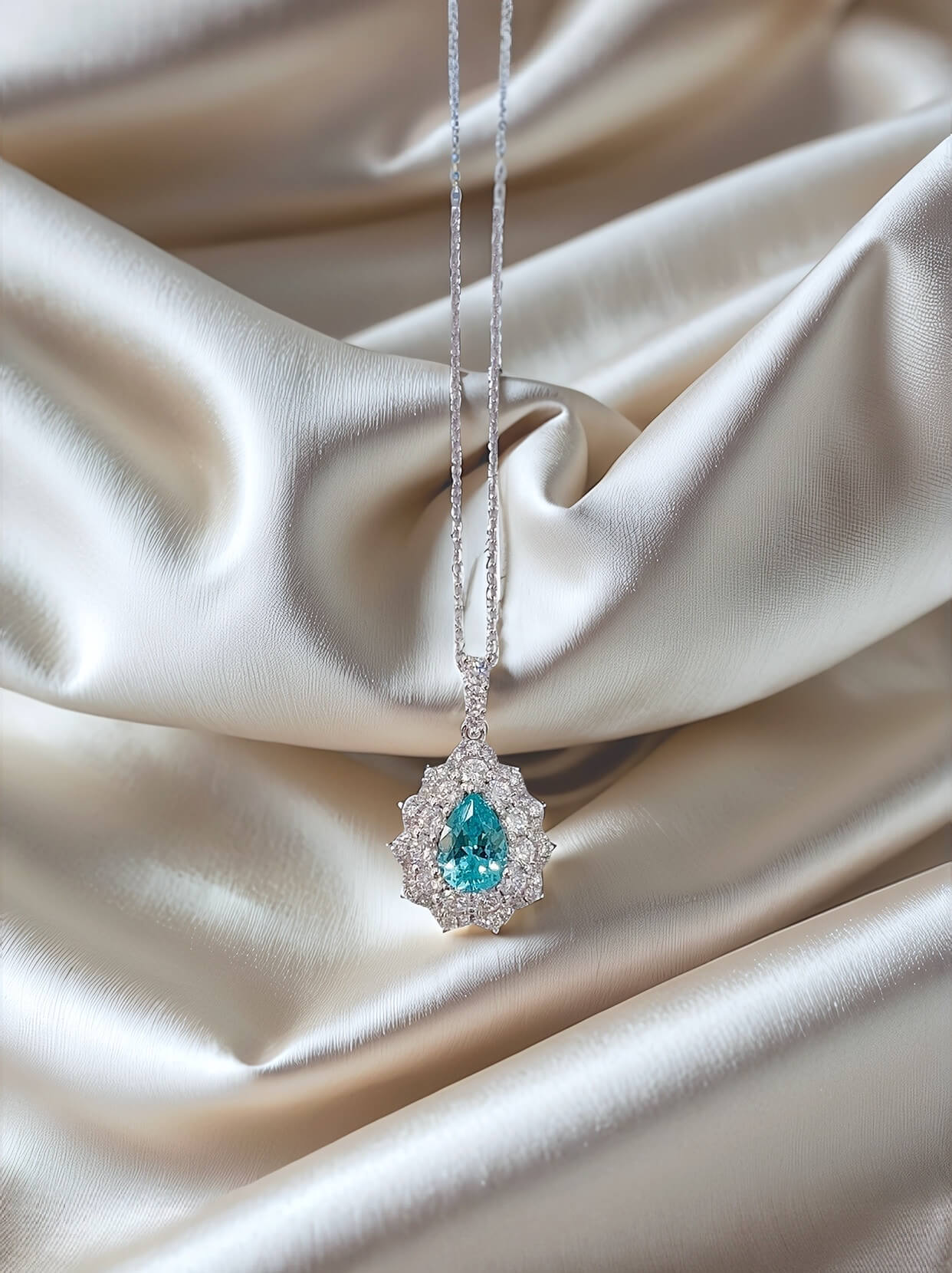 Halo setting pear cut lab grown paraiba pendant necklace 03