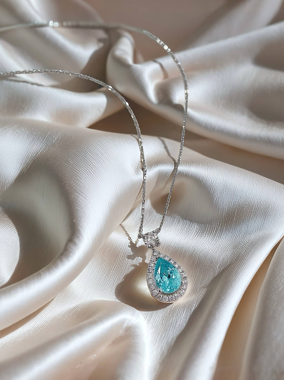 Halo setting pear cut lab grown paraiba pendant necklace 02
