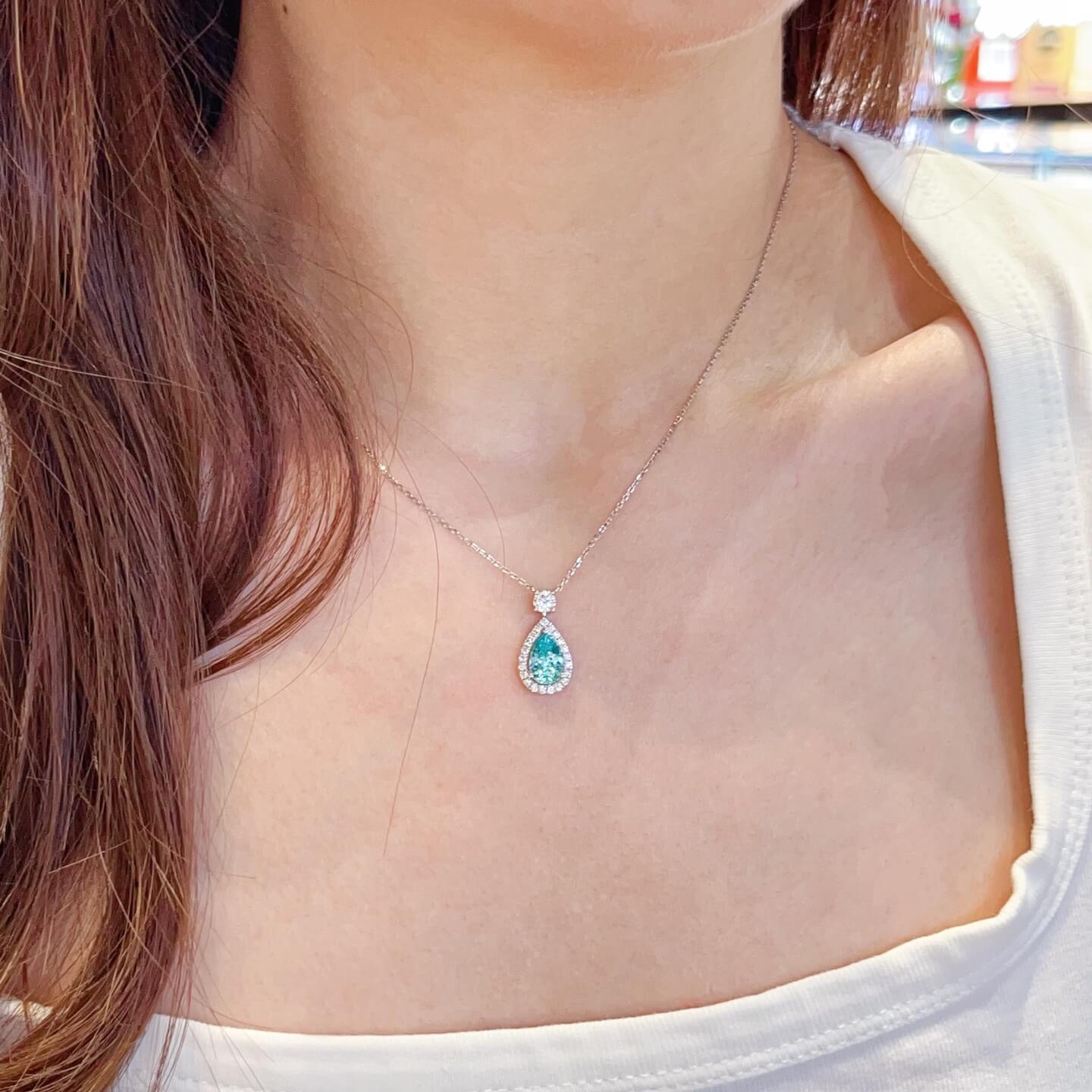 Halo setting pear cut lab grown paraiba pendant necklace 02