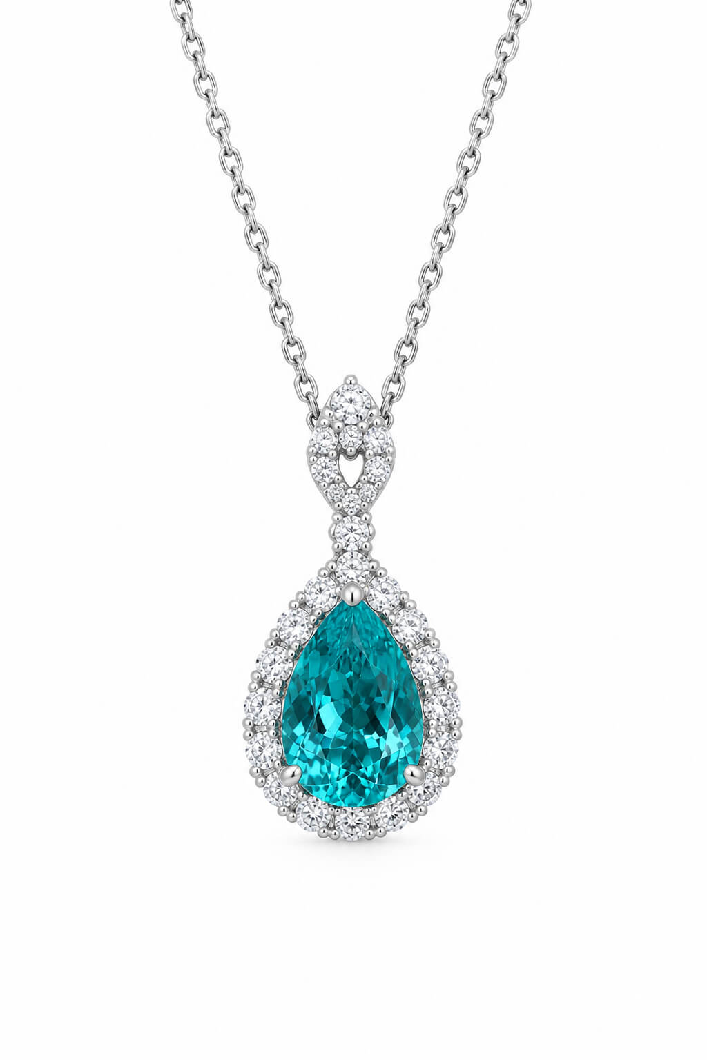 Halo setting pear cut lab grown paraiba pendant necklace 01 Halo setting pear cut lab grown paraiba pendant necklace 01