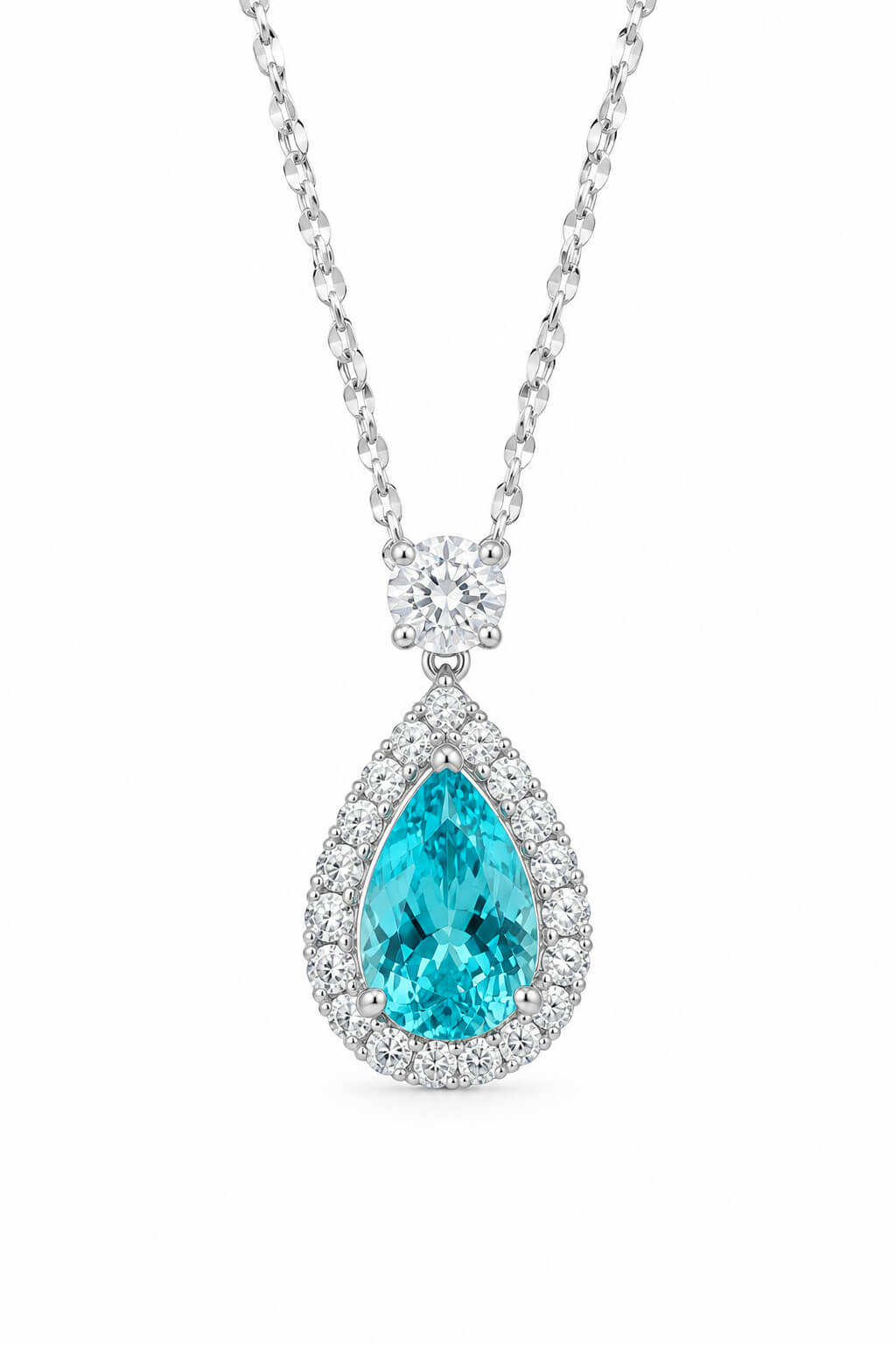 Halo setting pear cut lab grown paraiba pendant necklace 02