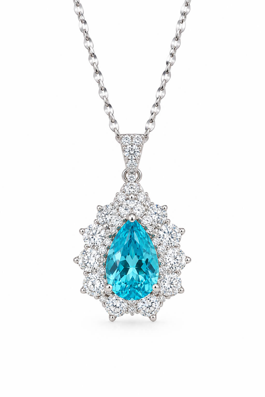 Halo setting pear cut lab grown paraiba pendant necklace 03