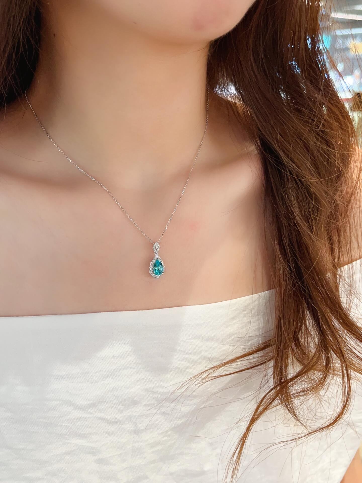 Halo setting pear cut lab grown paraiba pendant necklace 01 Halo setting pear cut lab grown paraiba pendant necklace 01