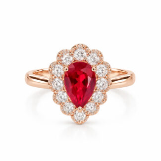Accueil 29 Halo setting pear cut lab grown ruby engagement ring