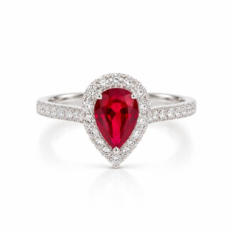 Accueil 28 Halo setting pear cut lab grown ruby engagement ring