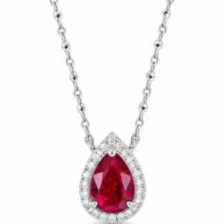 Halo setting pear cut lab grown ruby pendant necklace 02
