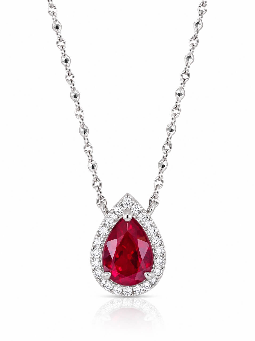 Halo setting pear cut lab grown ruby pendant necklace 02 Halo setting pear cut lab grown ruby pendant necklace 02