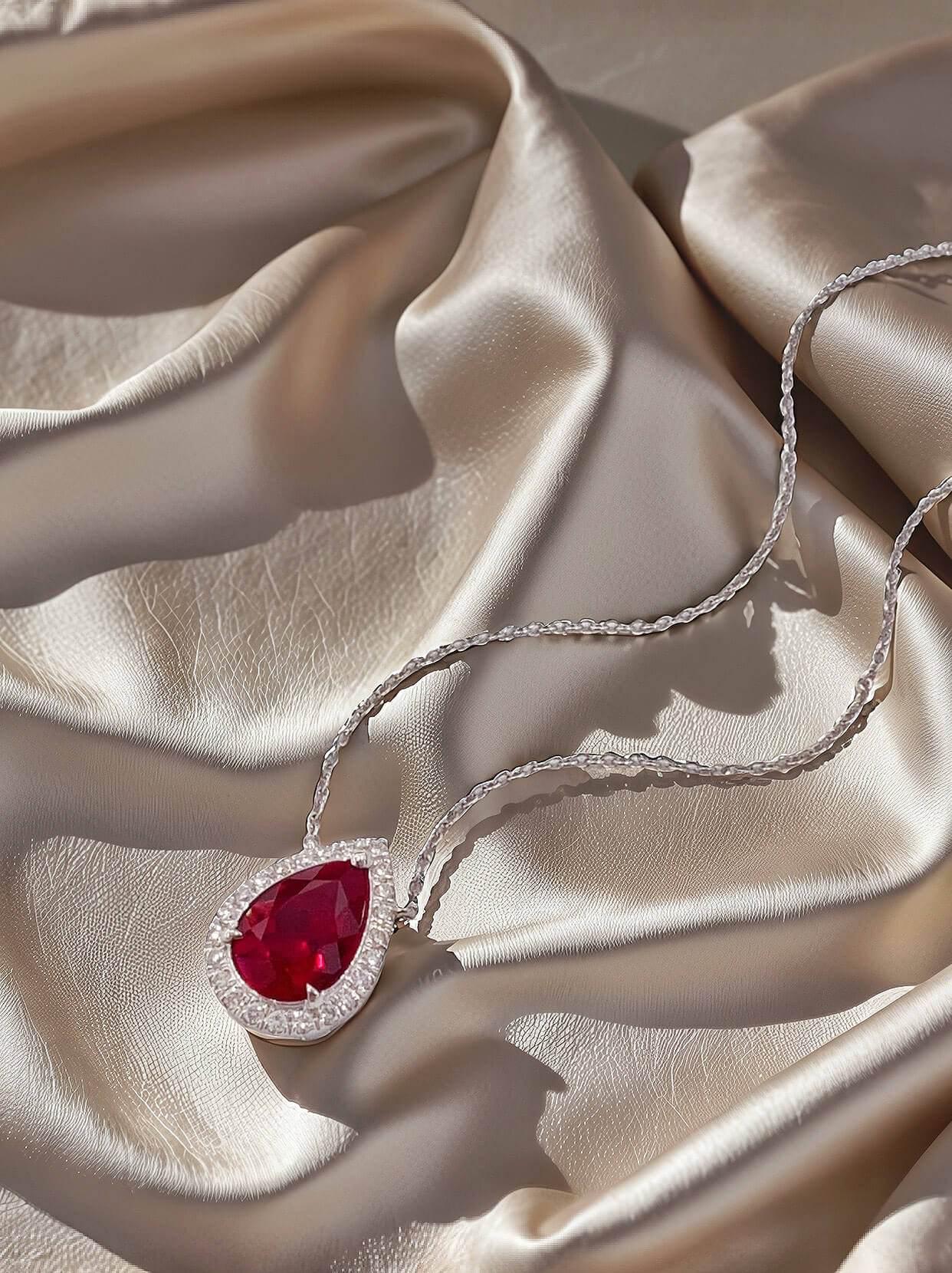 Halo setting pear cut lab grown ruby pendant necklace 02 Halo setting pear cut lab grown ruby pendant necklace 02