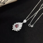 Halo setting pear cut lab grown ruby pendant necklace 01