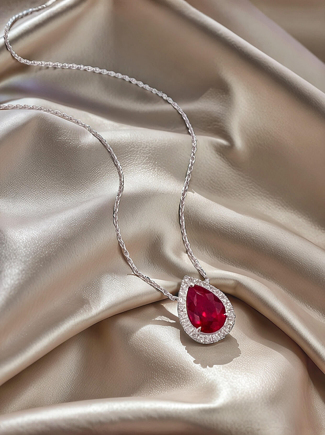 Halo setting pear cut lab grown ruby pendant necklace 02 Halo setting pear cut lab grown ruby pendant necklace 02