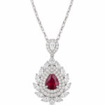 Halo setting pear cut lab grown ruby pendant necklace 01