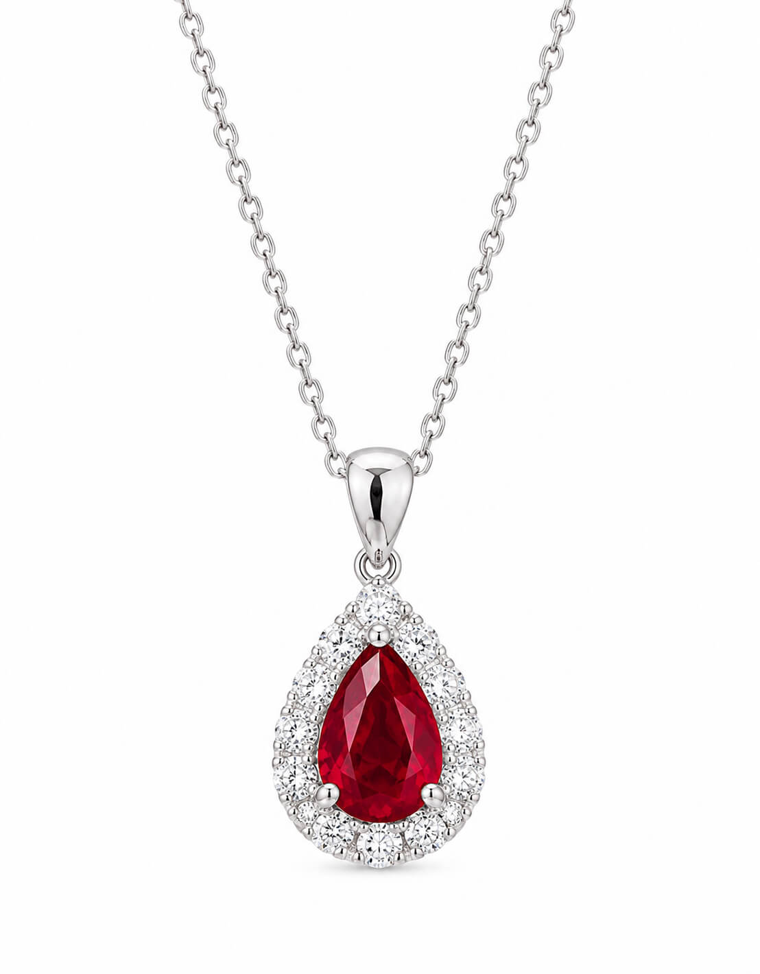 Halo setting pear cut lab grown ruby pendant necklace 03 Halo setting pear cut lab grown ruby pendant necklace 03