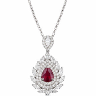 Halo setting pear cut lab grown ruby pendant necklace 01